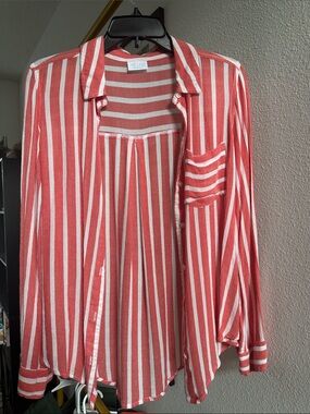 Round Red & White Striped Button-Up Shirt